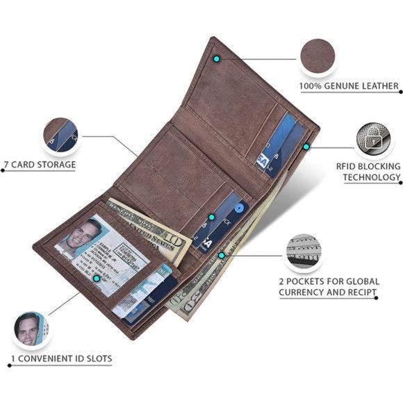 Men's RFID Slim Tri Fold Wallets Real Leather, Brown - Picture 2 of 7